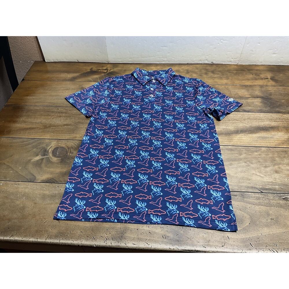 Burlebo Performance Polo Shirt Neon Outdoors Blue Deer Ducks Fish Mens Size S